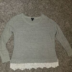 Torrid Light Gray Crewneck Sweater with White Lace Trim